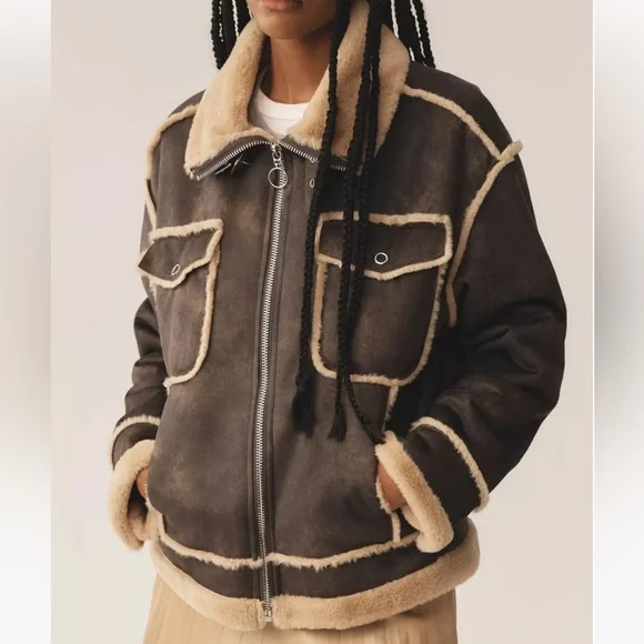 🌟NWT🌟NVLT Shearling Biker Jacket Brown - Picture 1 of 9